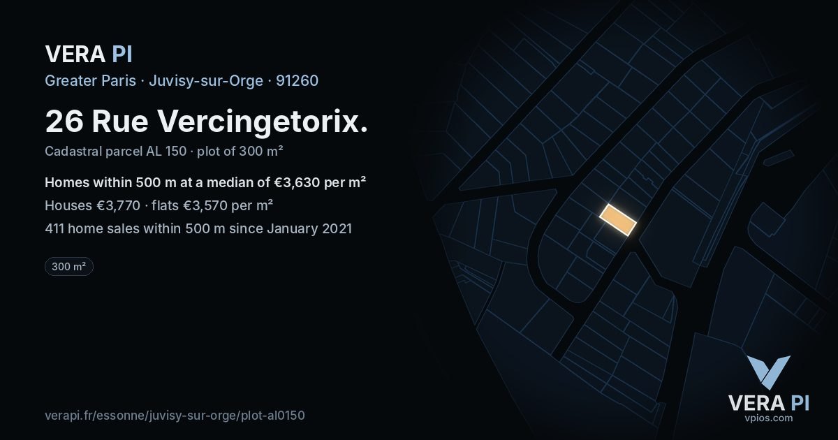 26 Rue Vercingetorix, Juvisy-sur-Orge at night – the plot lit, the parcels around coloured by the prices near them