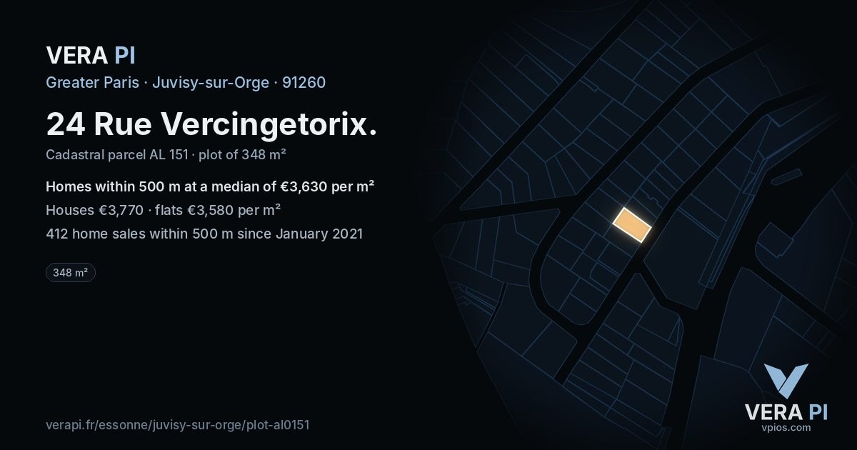 24 Rue Vercingetorix, Juvisy-sur-Orge at night – the plot lit, the parcels around coloured by the prices near them