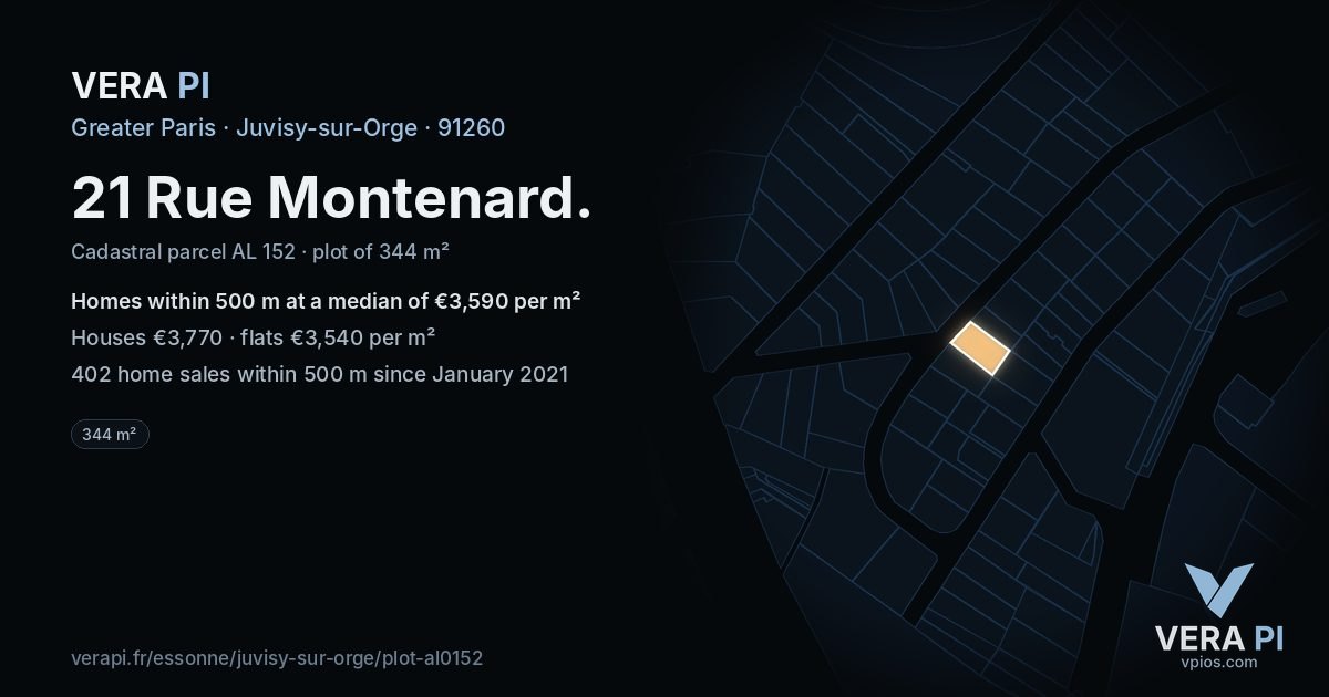 21 Rue Montenard, Juvisy-sur-Orge at night – the plot lit, the parcels around coloured by the prices near them