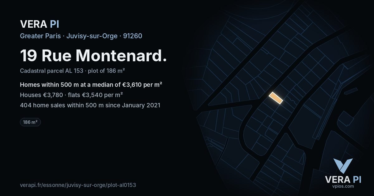 19 Rue Montenard, Juvisy-sur-Orge at night – the plot lit, the parcels around coloured by the prices near them