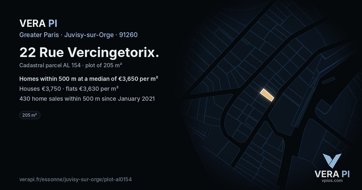 22 Rue Vercingetorix, Juvisy-sur-Orge at night – the plot lit, the parcels around coloured by the prices near them