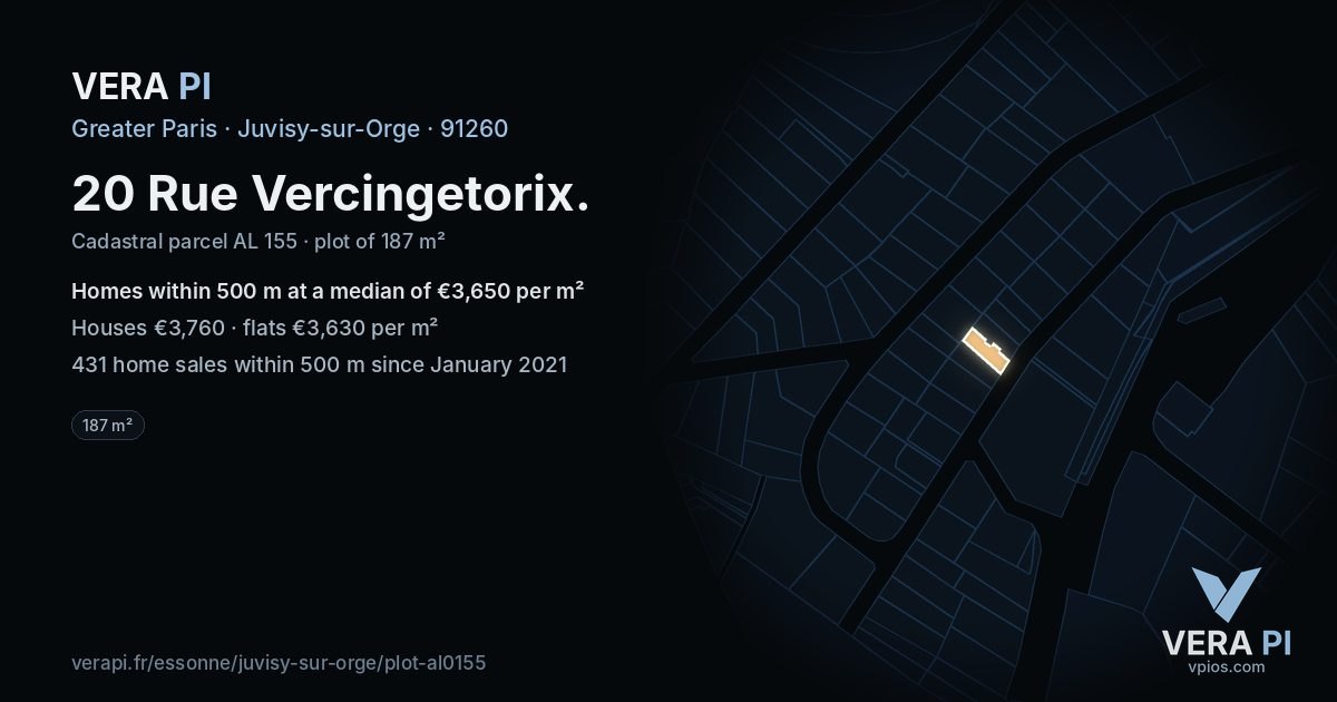 20 Rue Vercingetorix, Juvisy-sur-Orge at night – the plot lit, the parcels around coloured by the prices near them