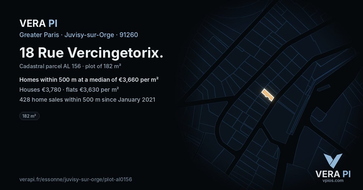 18 Rue Vercingetorix, Juvisy-sur-Orge at night – the plot lit, the parcels around coloured by the prices near them