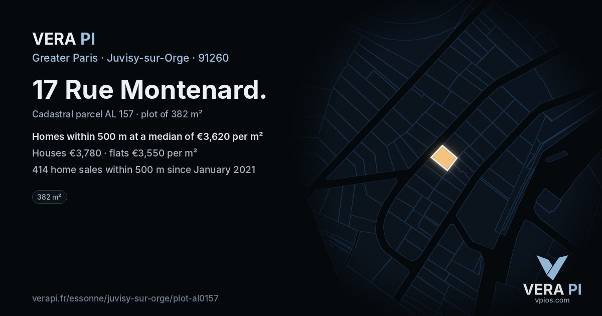 17 Rue Montenard, Juvisy-sur-Orge at night – the plot lit, the parcels around coloured by the prices near them
