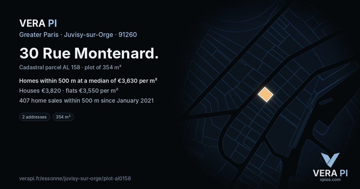 30 Rue Montenard, Juvisy-sur-Orge at night – the plot lit, the parcels around coloured by the prices near them