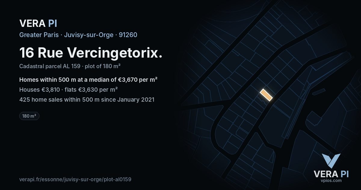 16 Rue Vercingetorix, Juvisy-sur-Orge at night – the plot lit, the parcels around coloured by the prices near them