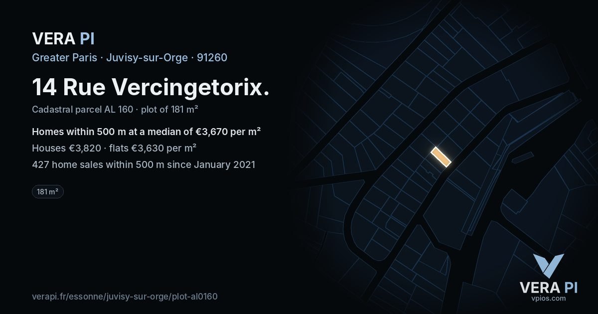 14 Rue Vercingetorix, Juvisy-sur-Orge at night – the plot lit, the parcels around coloured by the prices near them