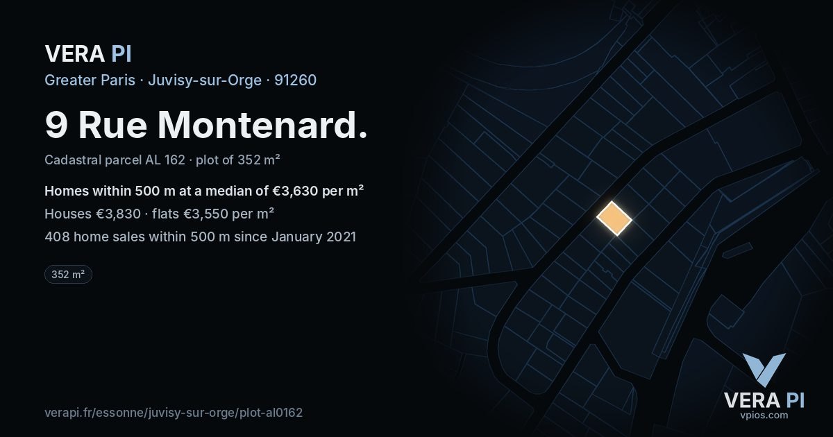 9 Rue Montenard, Juvisy-sur-Orge at night – the plot lit, the parcels around coloured by the prices near them
