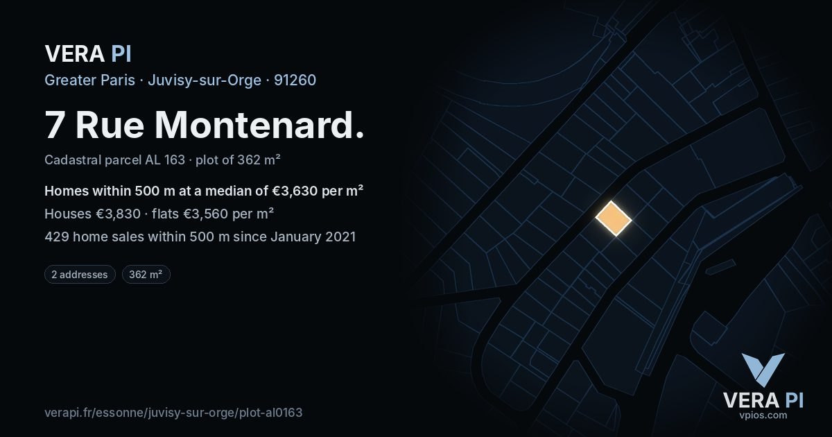 7 Rue Montenard, Juvisy-sur-Orge at night – the plot lit, the parcels around coloured by the prices near them