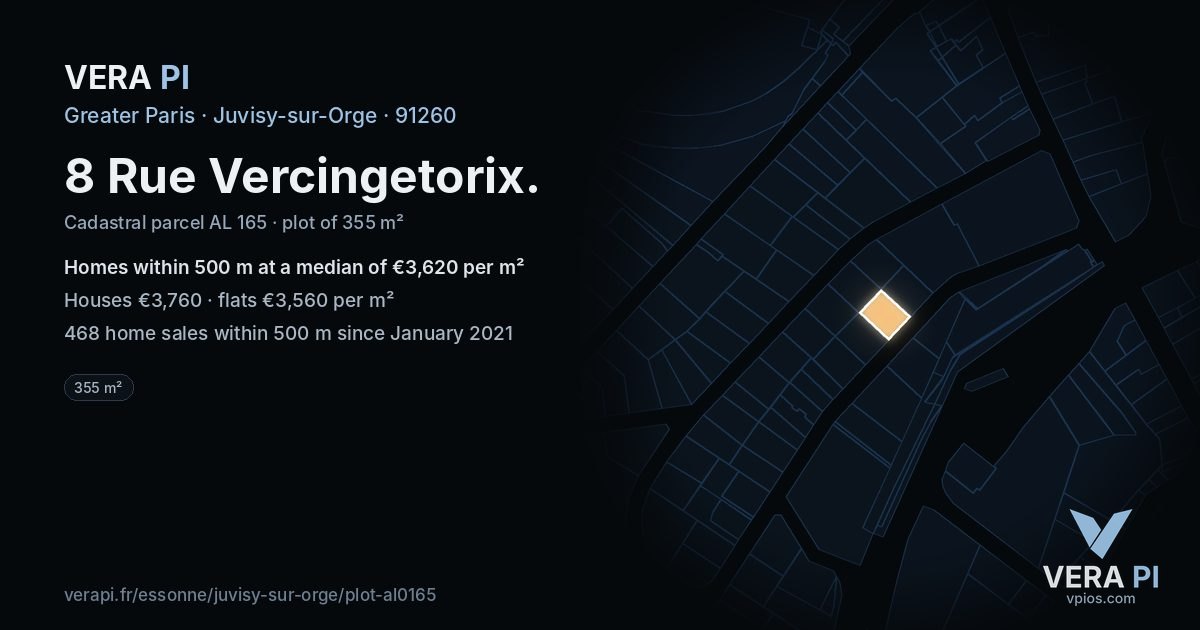 8 Rue Vercingetorix, Juvisy-sur-Orge at night – the plot lit, the parcels around coloured by the prices near them