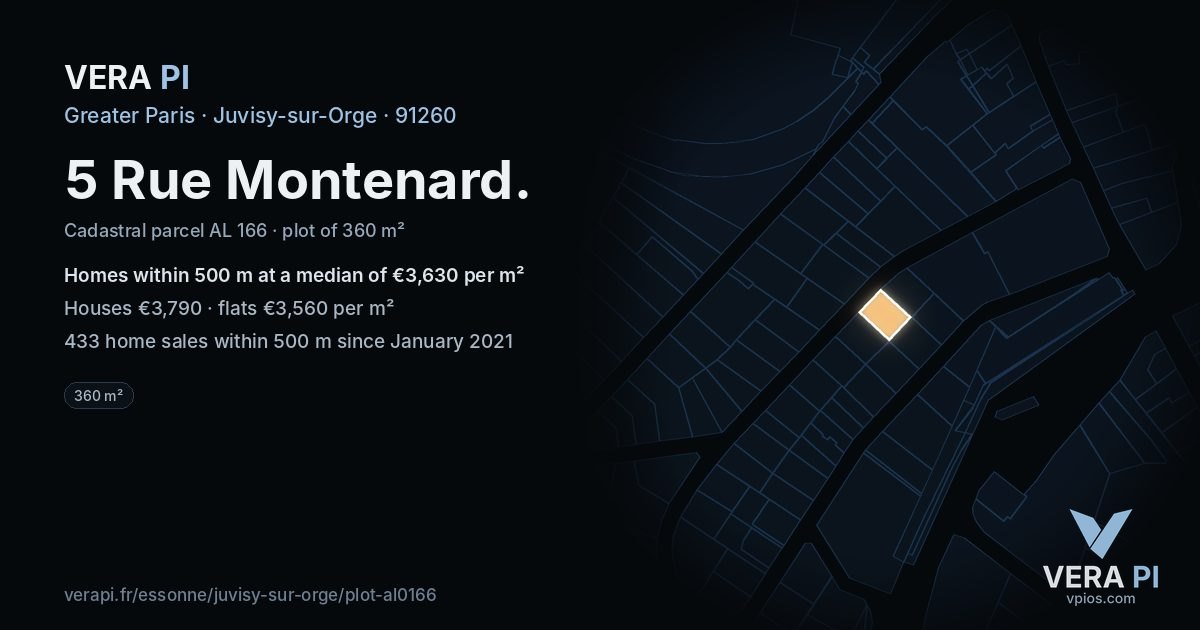 5 Rue Montenard, Juvisy-sur-Orge at night – the plot lit, the parcels around coloured by the prices near them