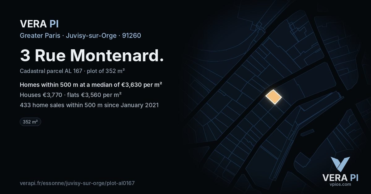 3 Rue Montenard, Juvisy-sur-Orge at night – the plot lit, the parcels around coloured by the prices near them