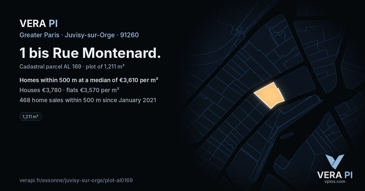 1 bis Rue Montenard, Juvisy-sur-Orge at night – the plot lit, the parcels around coloured by the prices near them