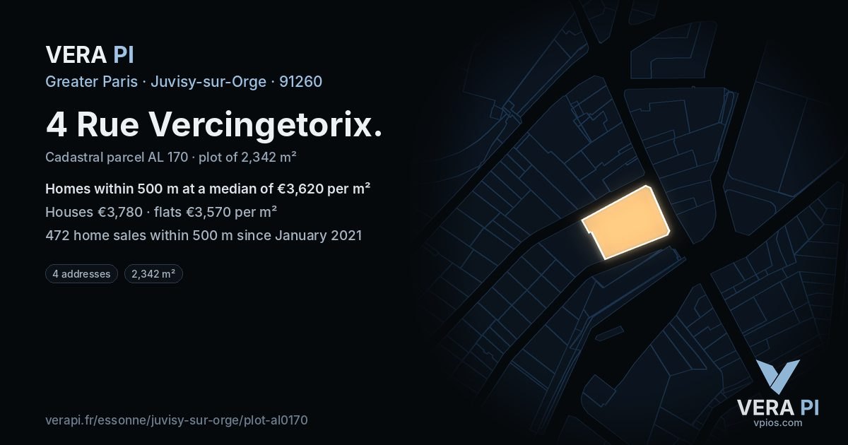 4 Rue Vercingetorix, Juvisy-sur-Orge at night – the plot lit, the parcels around coloured by the prices near them