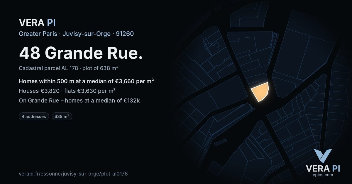 48 Grande Rue, Juvisy-sur-Orge at night – the plot lit, the parcels around coloured by the prices near them