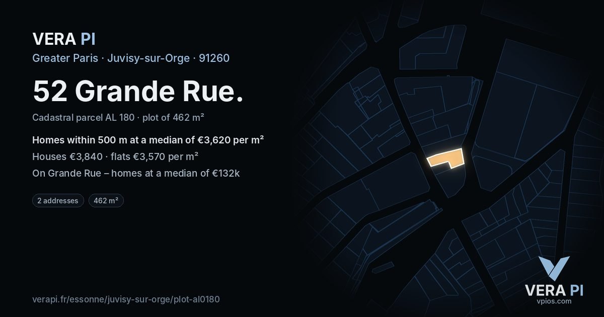 52 Grande Rue, Juvisy-sur-Orge at night – the plot lit, the parcels around coloured by the prices near them