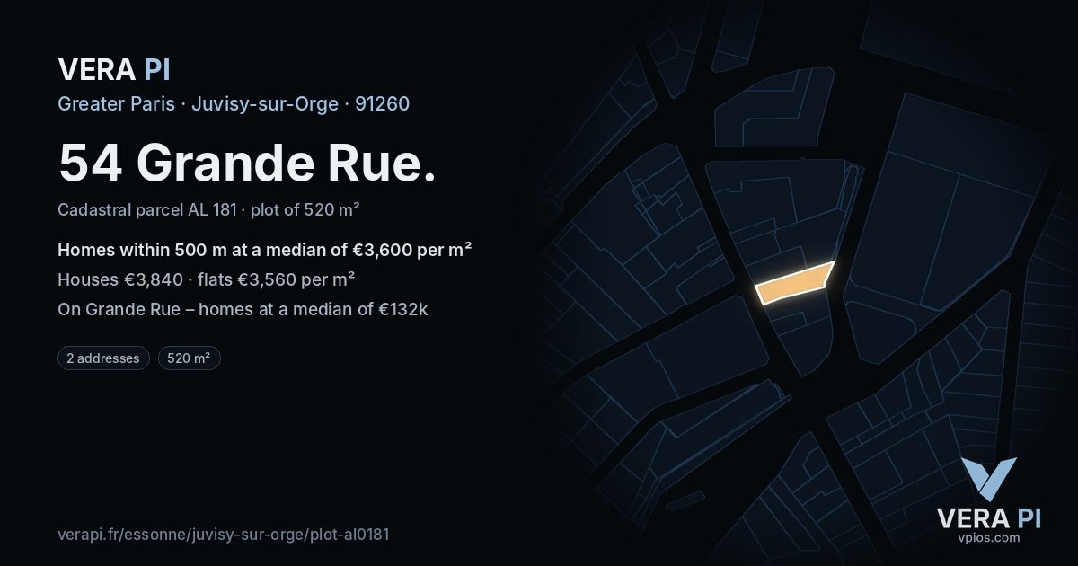 54 Grande Rue, Juvisy-sur-Orge at night – the plot lit, the parcels around coloured by the prices near them