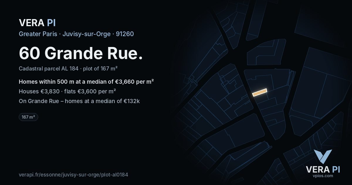 60 Grande Rue, Juvisy-sur-Orge at night – the plot lit, the parcels around coloured by the prices near them