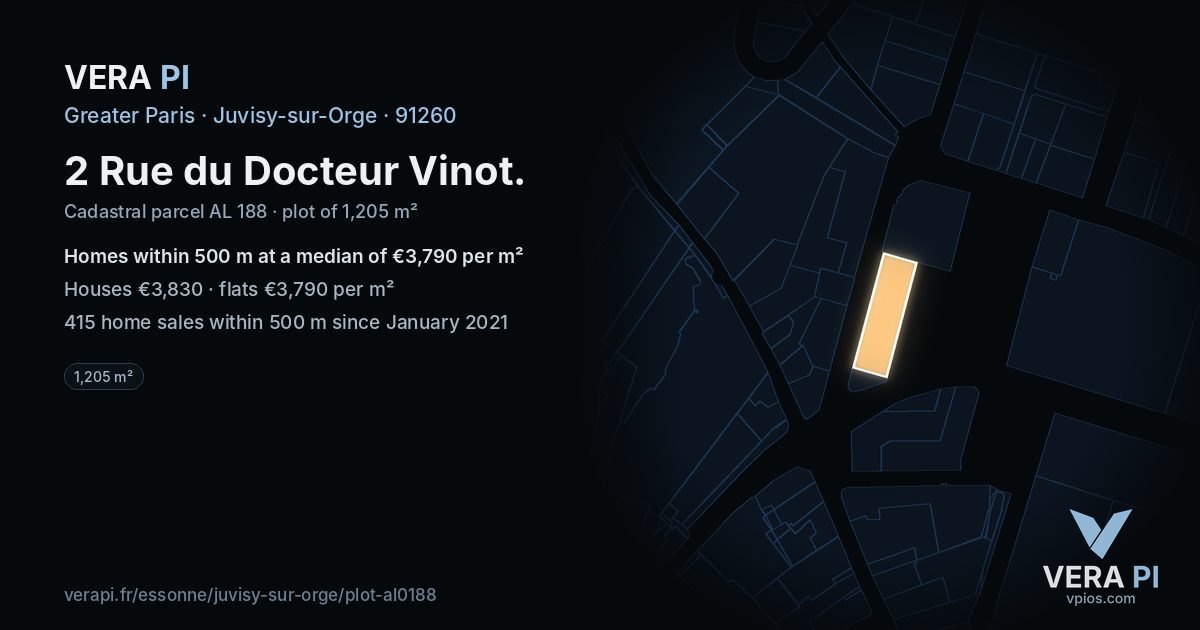 2 Rue du Docteur Vinot, Juvisy-sur-Orge at night – the plot lit, the parcels around coloured by the prices near them