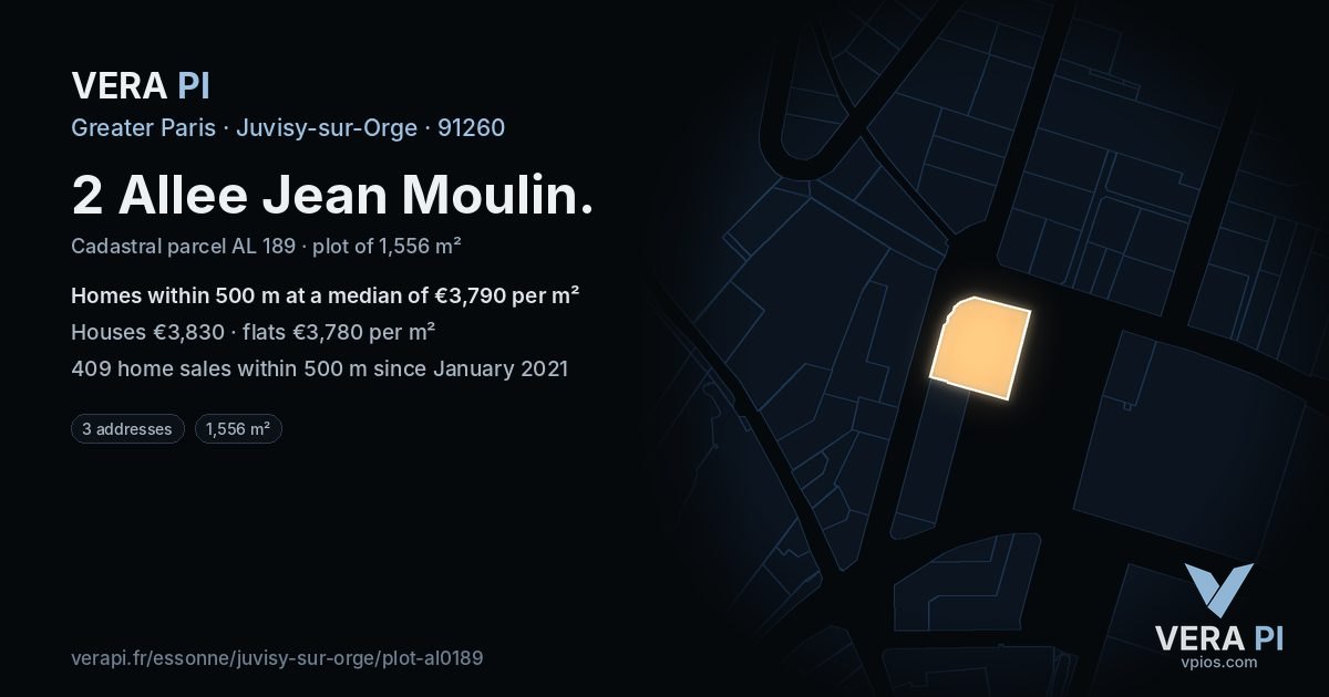 2 Allee Jean Moulin, Juvisy-sur-Orge at night – the plot lit, the parcels around coloured by the prices near them