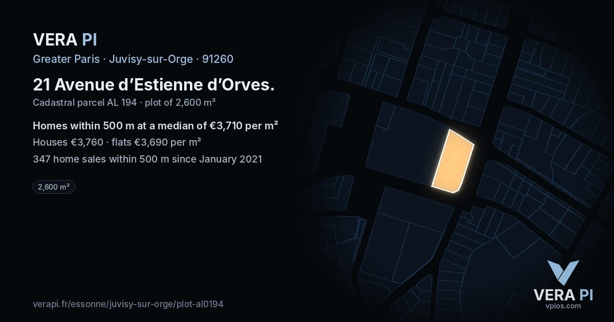 21 Avenue d’Estienne d’Orves, Juvisy-sur-Orge at night – the plot lit, the parcels around coloured by the prices near them