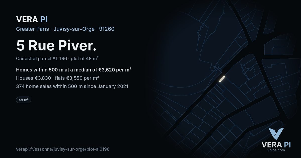 5 Rue Piver, Juvisy-sur-Orge at night – the plot lit, the parcels around coloured by the prices near them
