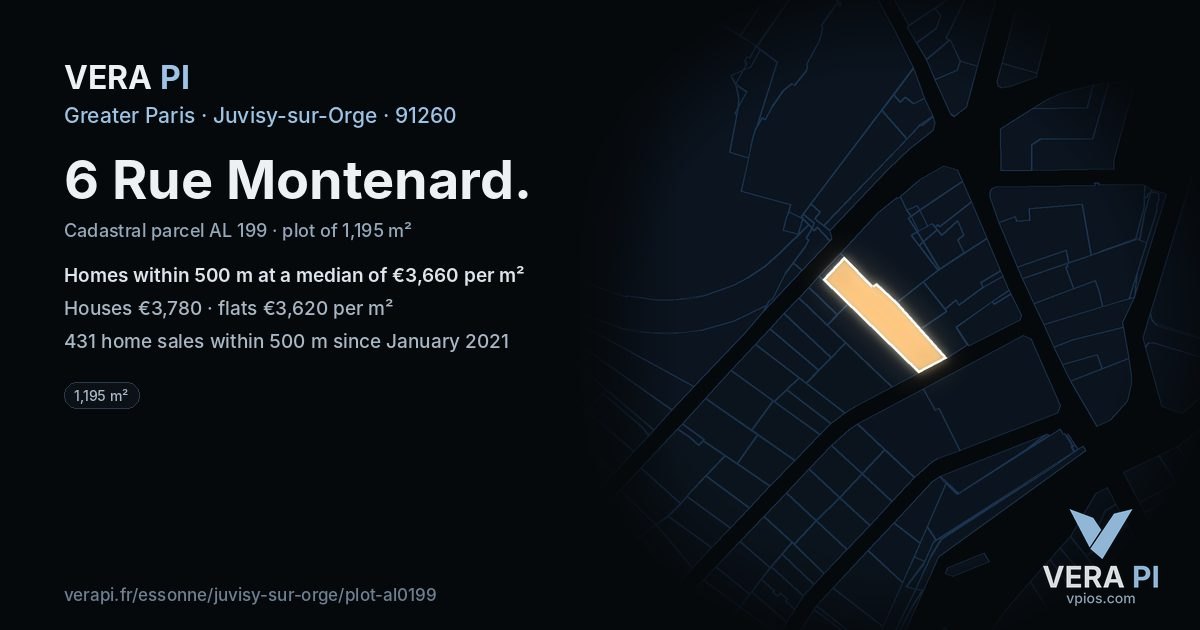 6 Rue Montenard, Juvisy-sur-Orge at night – the plot lit, the parcels around coloured by the prices near them