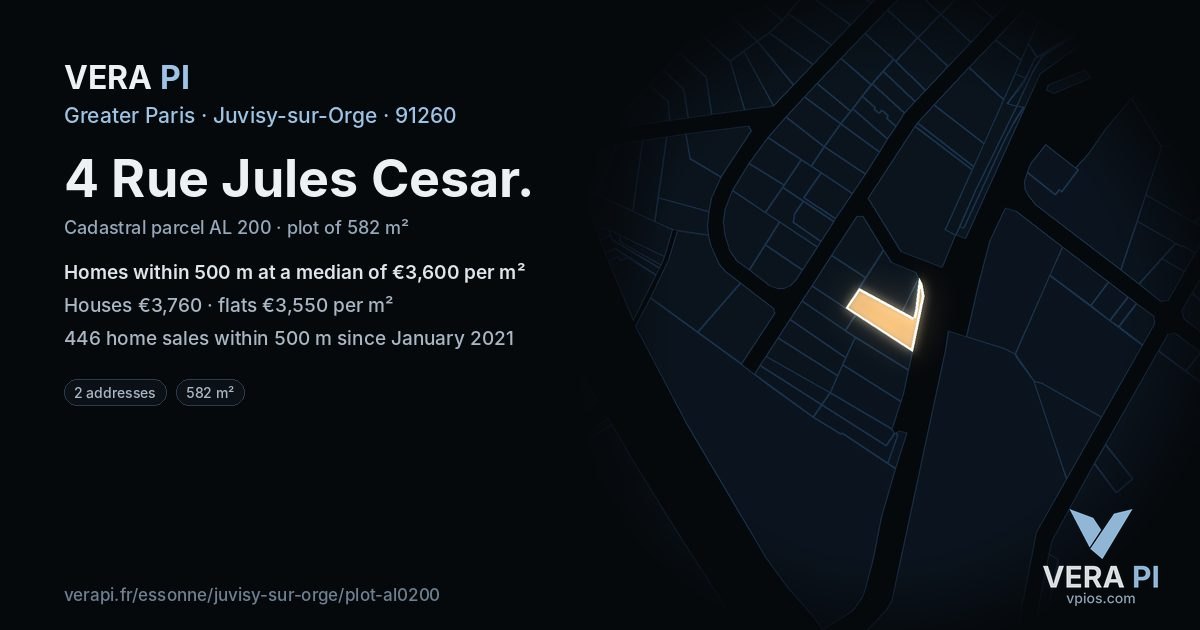 4 Rue Jules Cesar, Juvisy-sur-Orge at night – the plot lit, the parcels around coloured by the prices near them