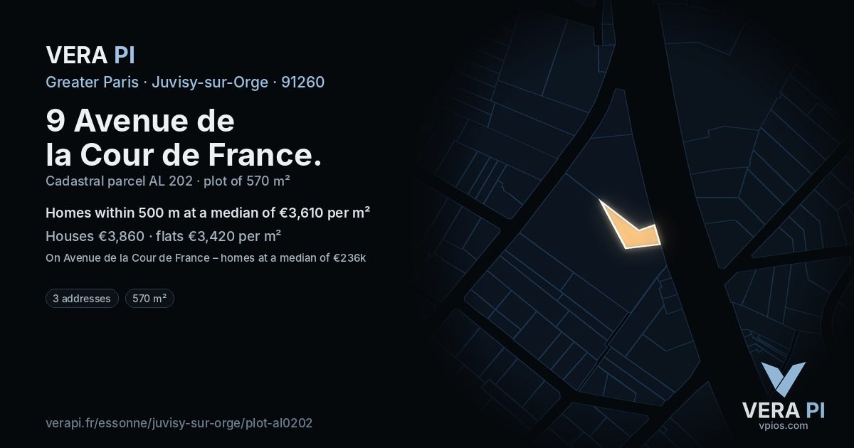9 Avenue de la Cour de France, Juvisy-sur-Orge at night – the plot lit, the parcels around coloured by the prices near them