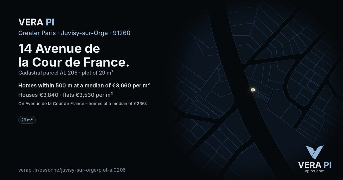 14 Avenue de la Cour de France, Juvisy-sur-Orge at night – the plot lit, the parcels around coloured by the prices near them
