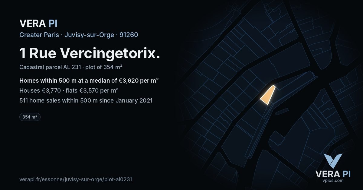 1 Rue Vercingetorix, Juvisy-sur-Orge at night – the plot lit, the parcels around coloured by the prices near them