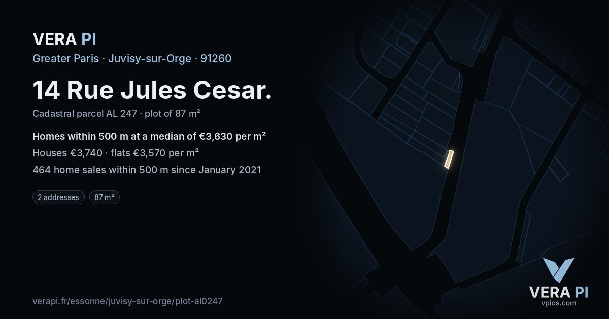 14 Rue Jules Cesar, Juvisy-sur-Orge at night – the plot lit, the parcels around coloured by the prices near them