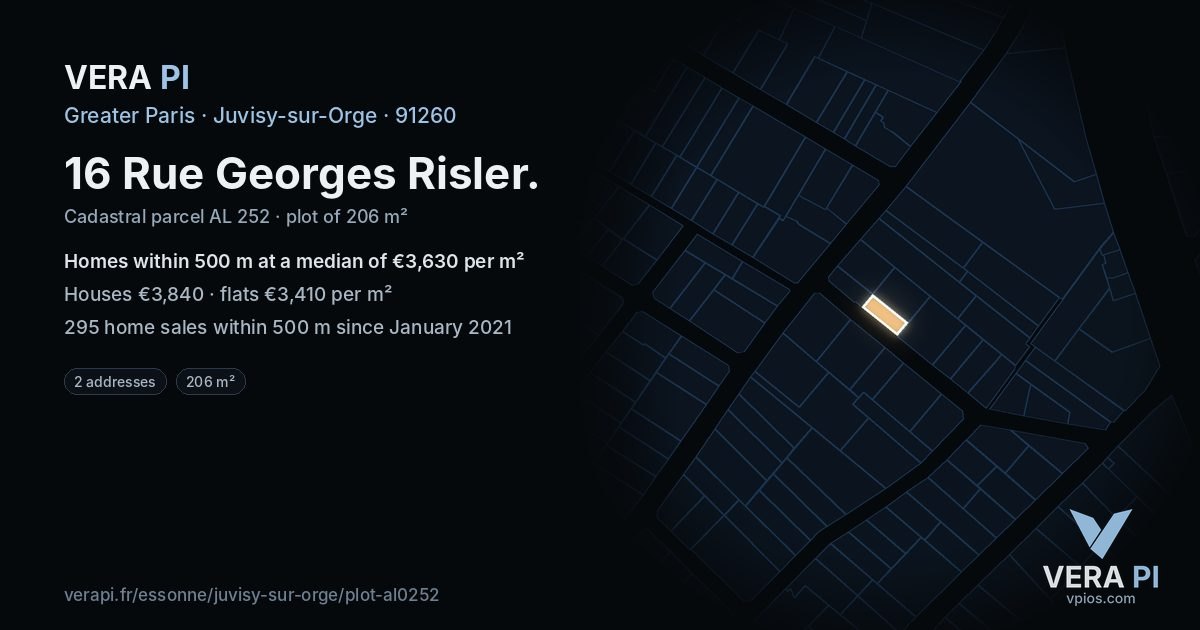 16 Rue Georges Risler, Juvisy-sur-Orge at night – the plot lit, the parcels around coloured by the prices near them
