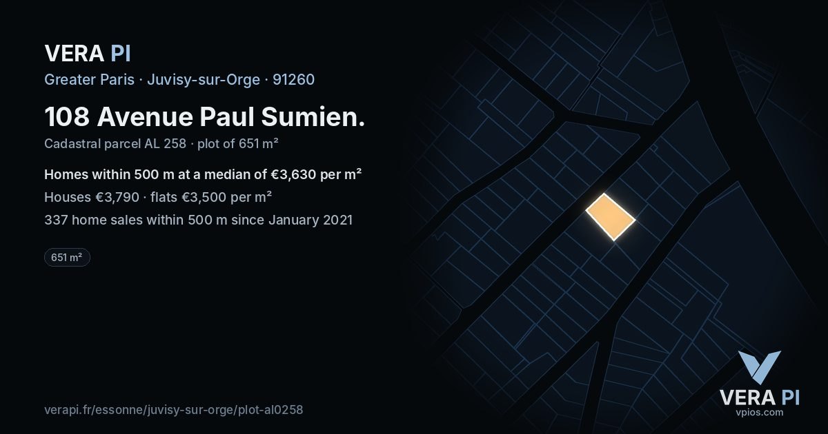 108 Avenue Paul Sumien, Juvisy-sur-Orge at night – the plot lit, the parcels around coloured by the prices near them