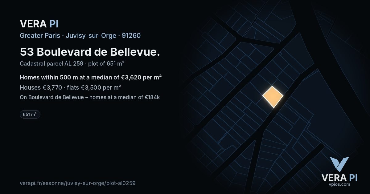 53 Boulevard de Bellevue, Juvisy-sur-Orge at night – the plot lit, the parcels around coloured by the prices near them