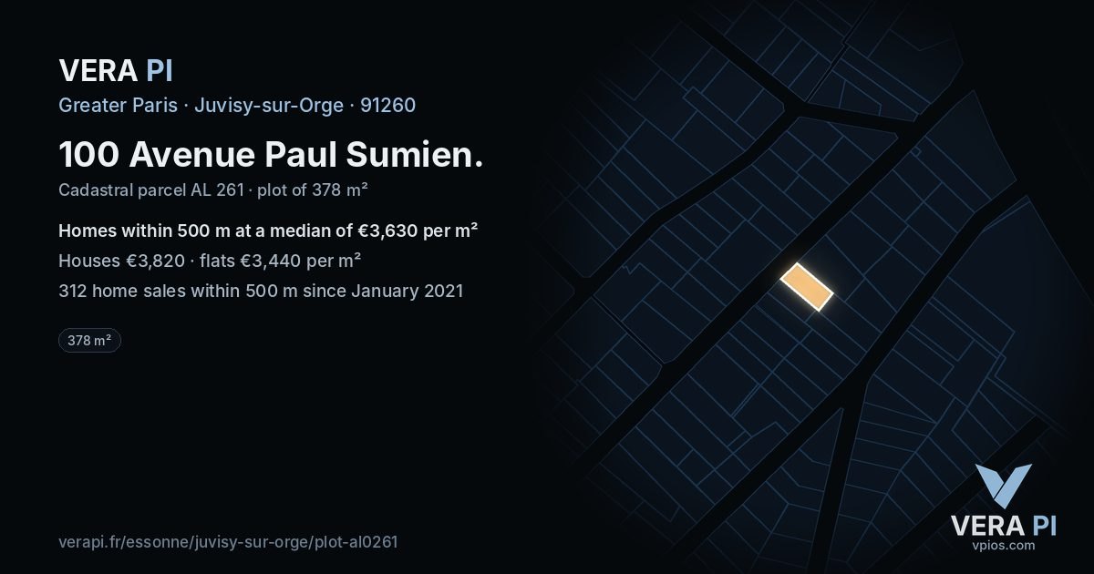 100 Avenue Paul Sumien, Juvisy-sur-Orge at night – the plot lit, the parcels around coloured by the prices near them