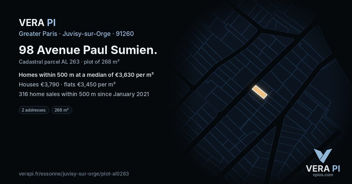 98 Avenue Paul Sumien, Juvisy-sur-Orge at night – the plot lit, the parcels around coloured by the prices near them