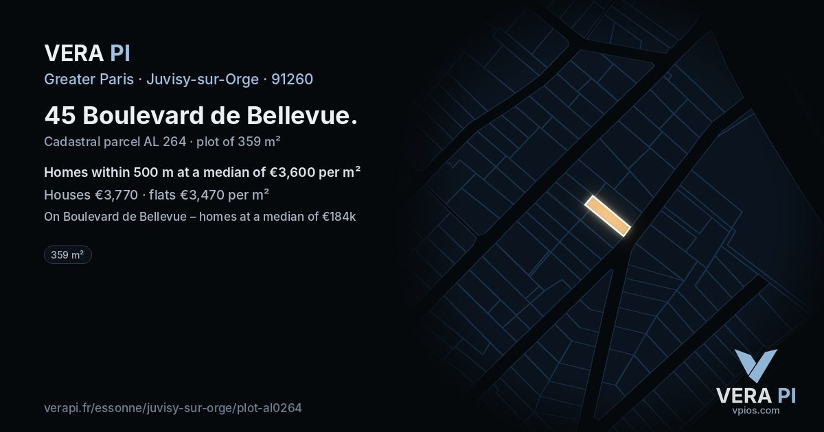 45 Boulevard de Bellevue, Juvisy-sur-Orge at night – the plot lit, the parcels around coloured by the prices near them
