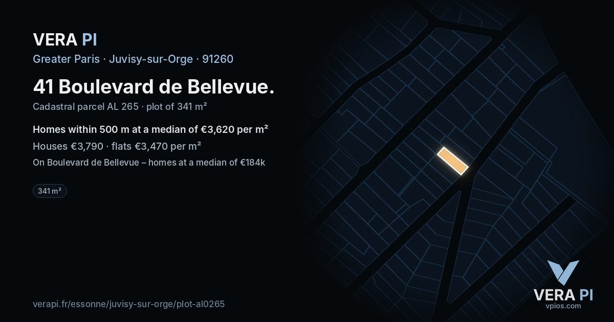 41 Boulevard de Bellevue, Juvisy-sur-Orge at night – the plot lit, the parcels around coloured by the prices near them