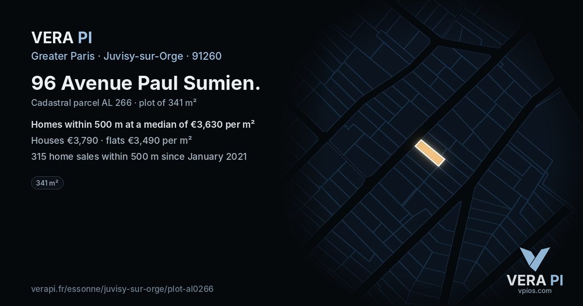 96 Avenue Paul Sumien, Juvisy-sur-Orge at night – the plot lit, the parcels around coloured by the prices near them