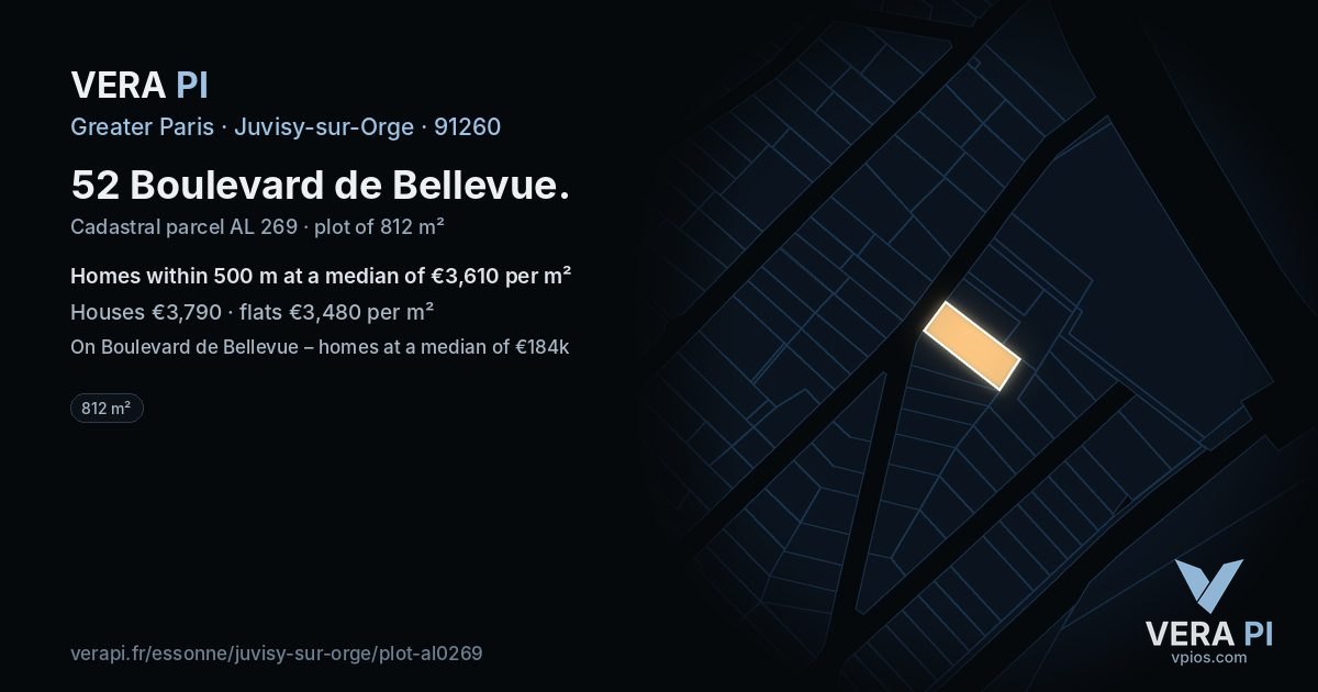 52 Boulevard de Bellevue, Juvisy-sur-Orge at night – the plot lit, the parcels around coloured by the prices near them