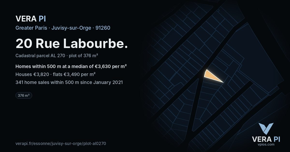 20 Rue Labourbe, Juvisy-sur-Orge at night – the plot lit, the parcels around coloured by the prices near them