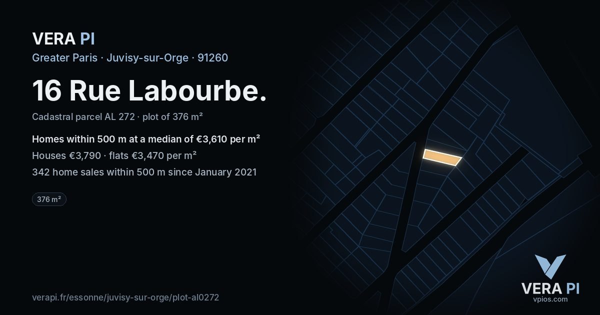 16 Rue Labourbe, Juvisy-sur-Orge at night – the plot lit, the parcels around coloured by the prices near them