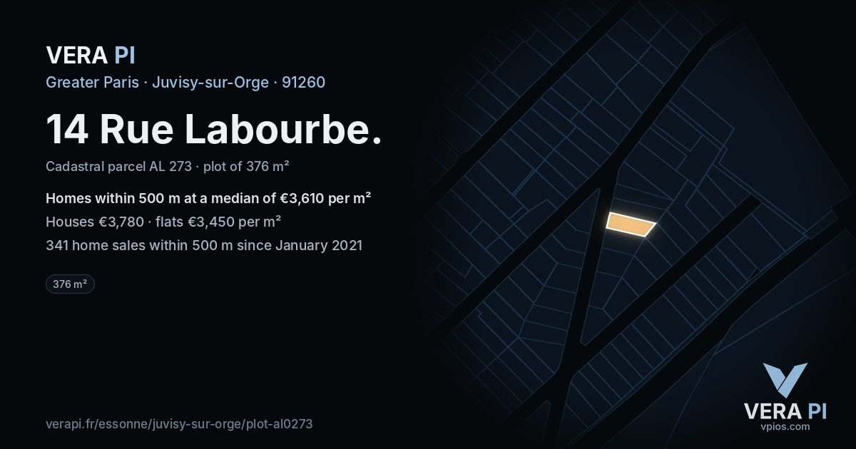 14 Rue Labourbe, Juvisy-sur-Orge at night – the plot lit, the parcels around coloured by the prices near them