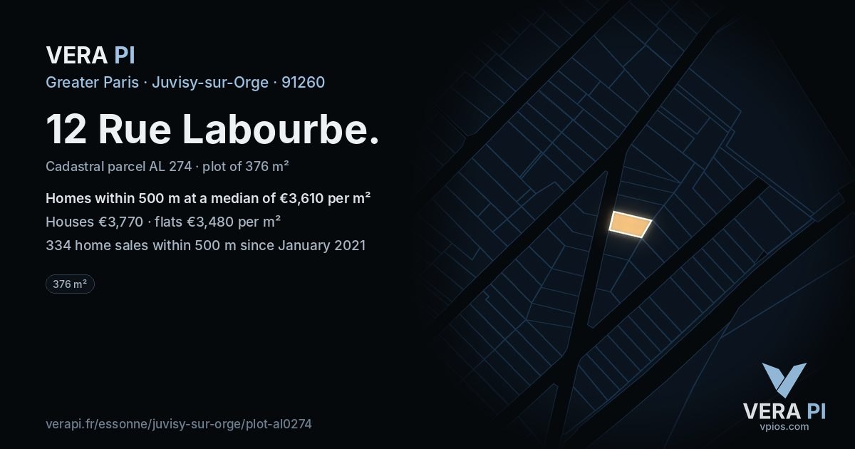 12 Rue Labourbe, Juvisy-sur-Orge at night – the plot lit, the parcels around coloured by the prices near them
