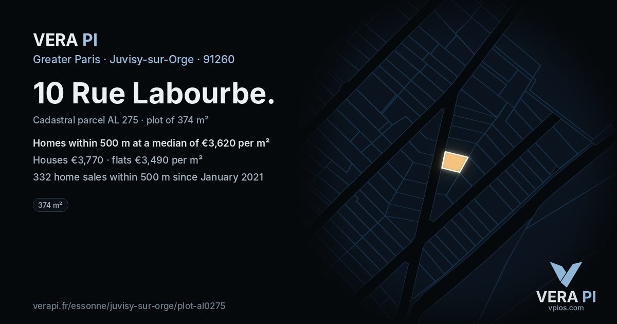 10 Rue Labourbe, Juvisy-sur-Orge at night – the plot lit, the parcels around coloured by the prices near them