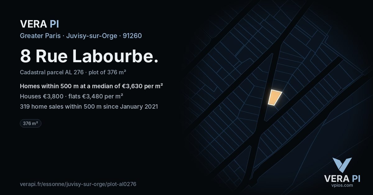 8 Rue Labourbe, Juvisy-sur-Orge at night – the plot lit, the parcels around coloured by the prices near them