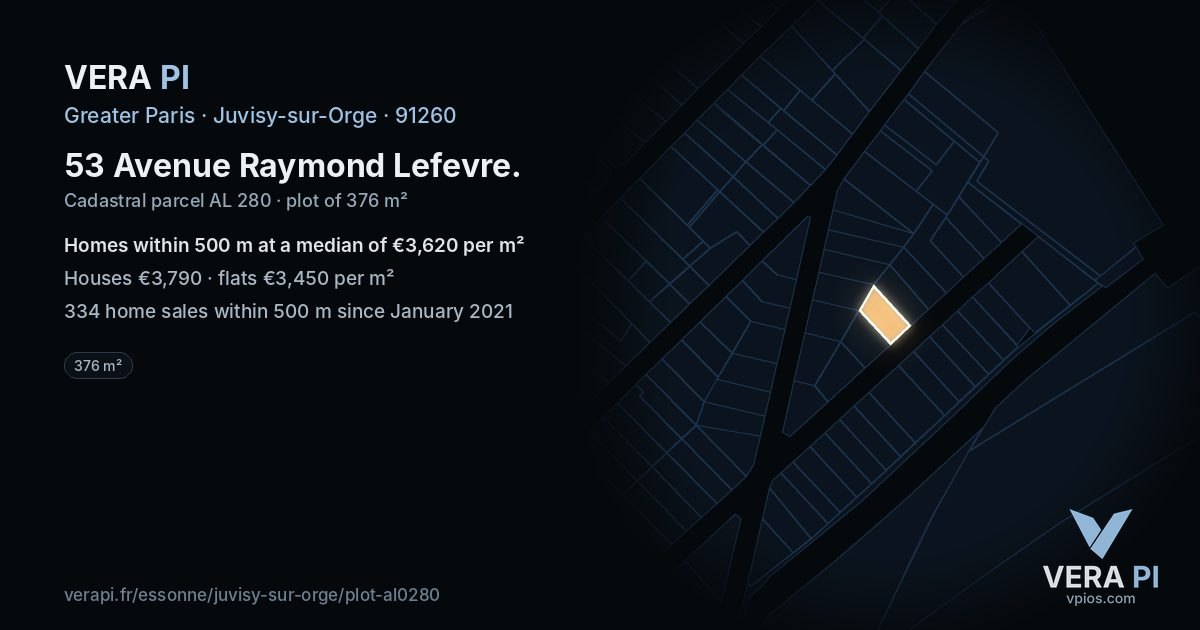 53 Avenue Raymond Lefevre, Juvisy-sur-Orge at night – the plot lit, the parcels around coloured by the prices near them