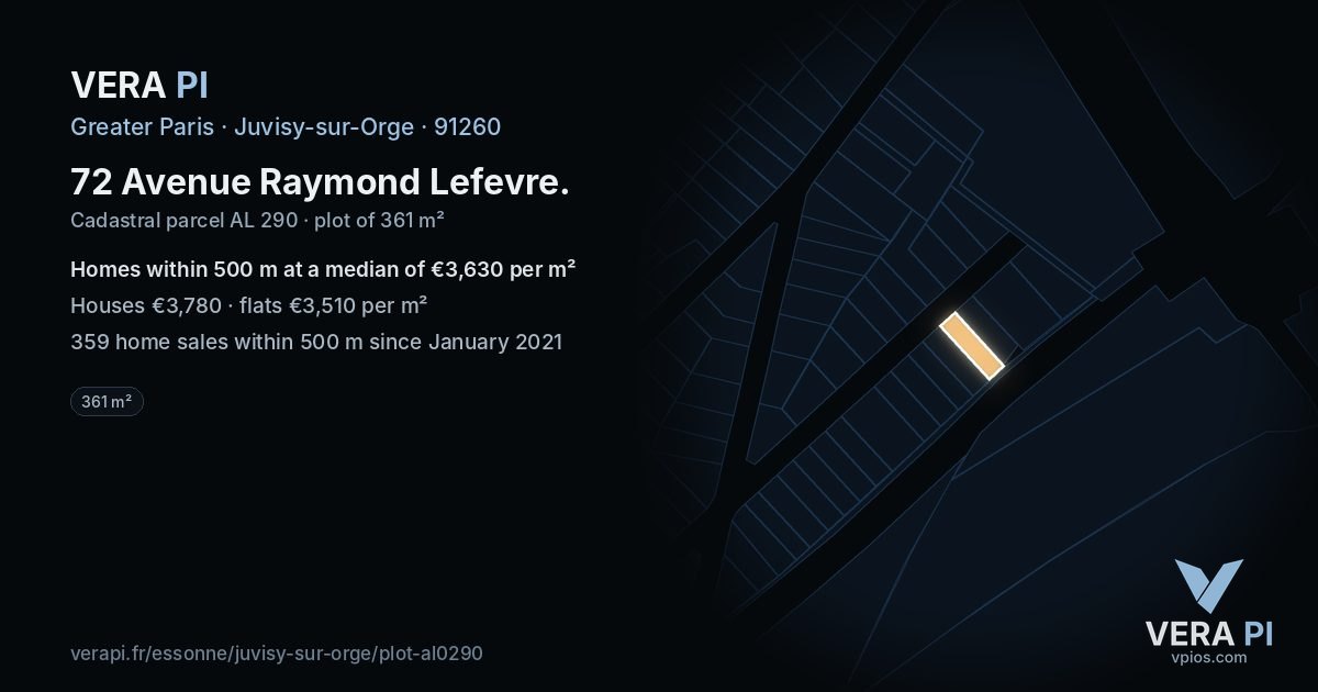 72 Avenue Raymond Lefevre, Juvisy-sur-Orge at night – the plot lit, the parcels around coloured by the prices near them