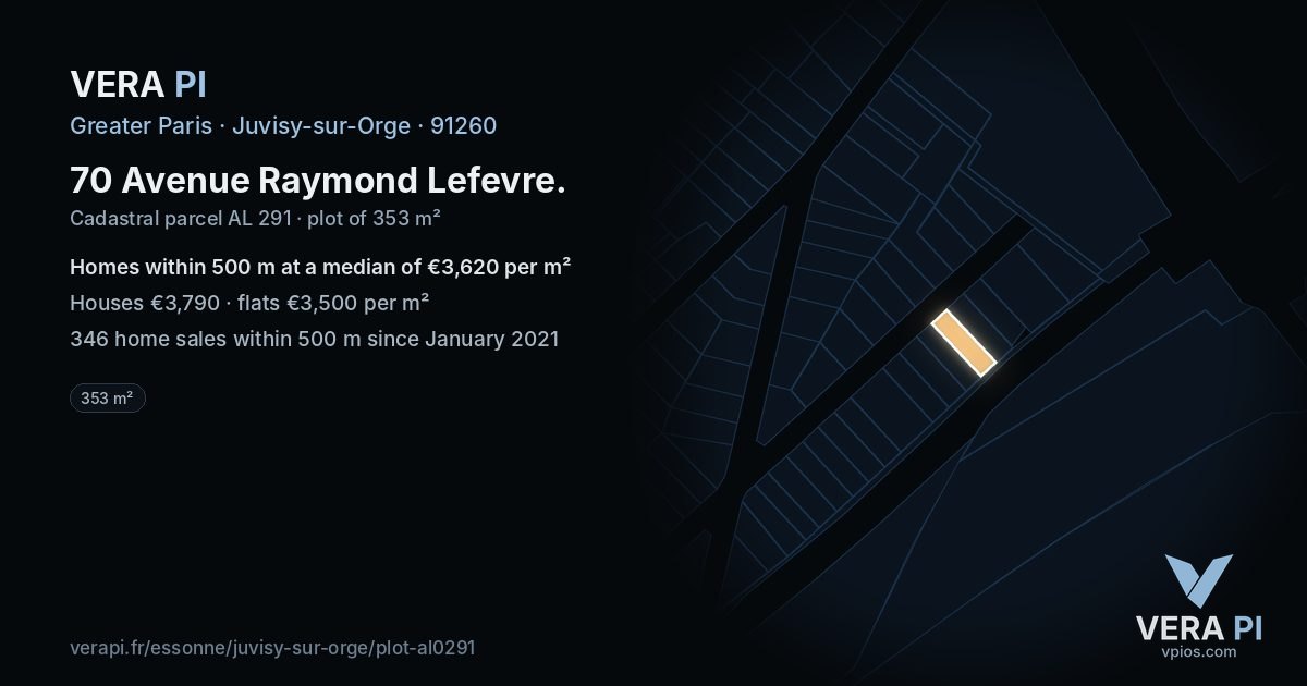 70 Avenue Raymond Lefevre, Juvisy-sur-Orge at night – the plot lit, the parcels around coloured by the prices near them